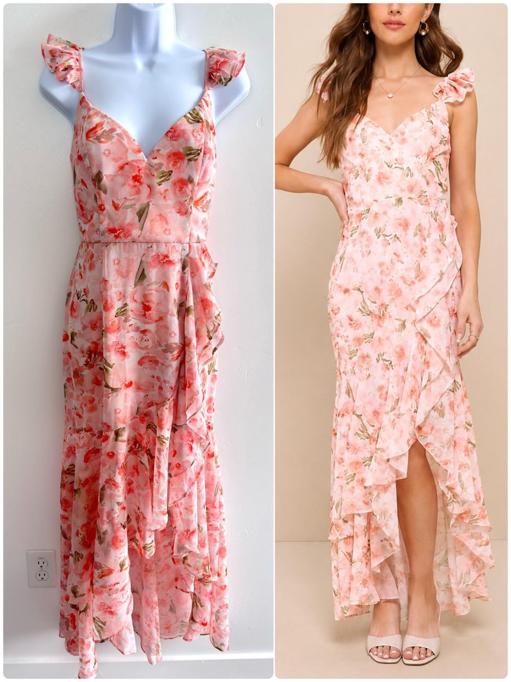Lulus Darling Glow Peach Pink Floral Ruffled High-Low Maxi Dress Size S Romantic